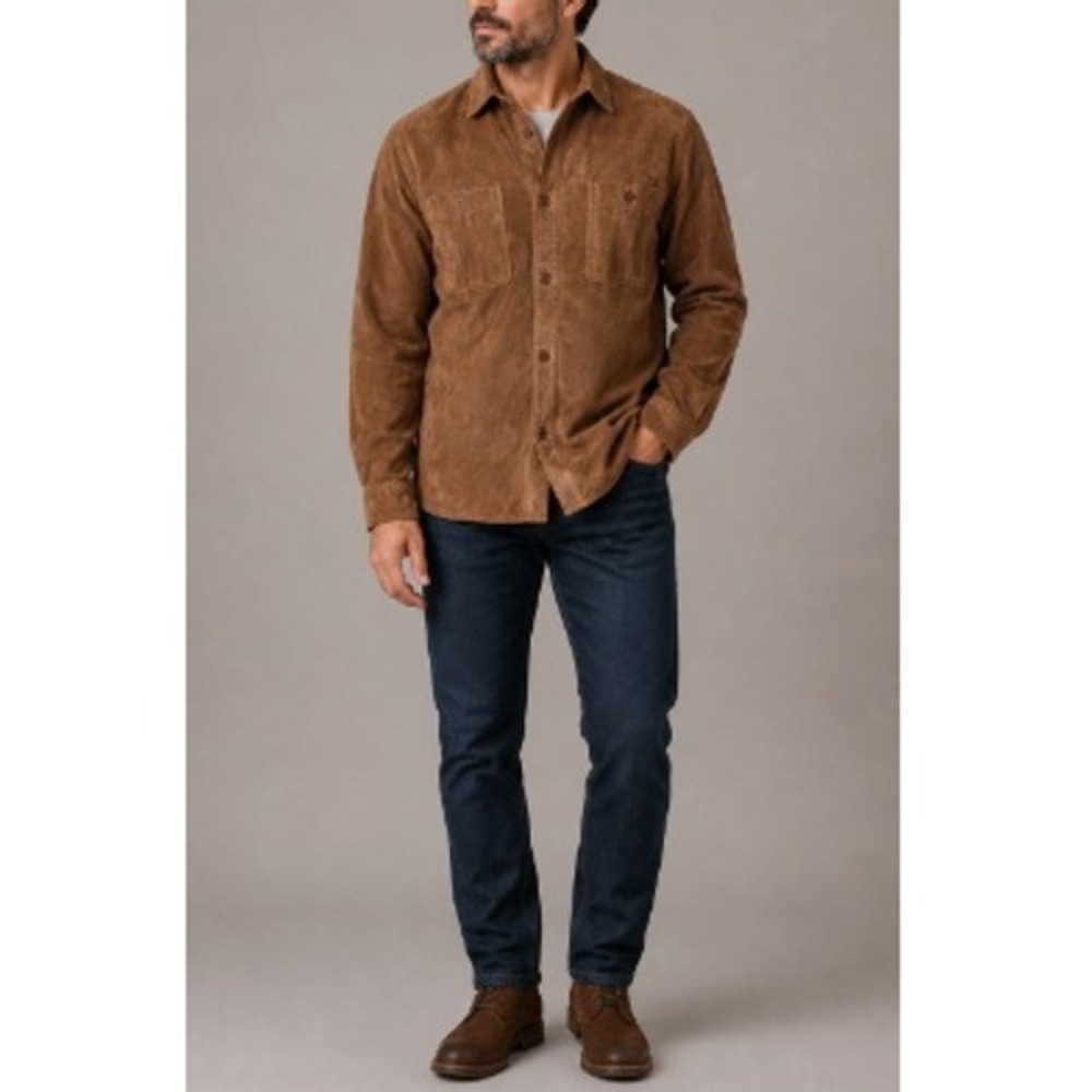 Baracuta Men's Tobacco Front Button Long Sleeves Suede Leather Overshirt Size L